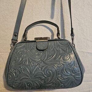 Embossed Leather Blue Satchel - Shoulder Purse